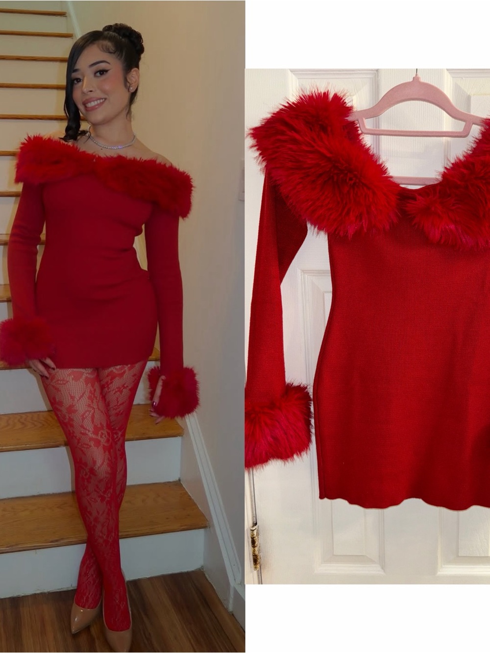 Fashion Nova Red Off-Shoulder Faux Fur Trim Sweater Dress